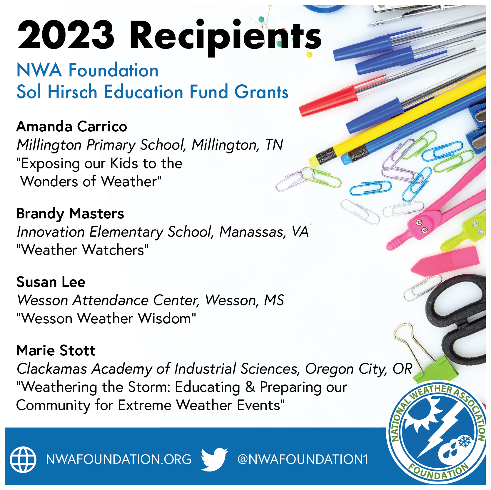 The 2023 National Weather Association Foundation Sol Hirsch Education Fund Grants are awarded to Amanda Carrico, Brandy Masters, Susan Lee, and Marie Stott. 
