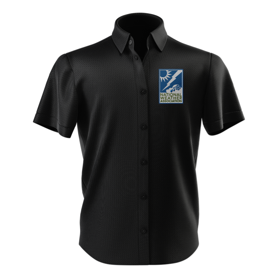 blue NWA logo on a black polo.