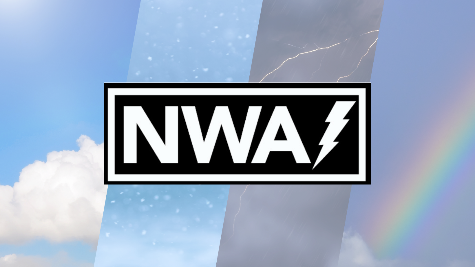 NWA TV/Radio Weathercaster Seal of Approval Logo in front of various weather photos