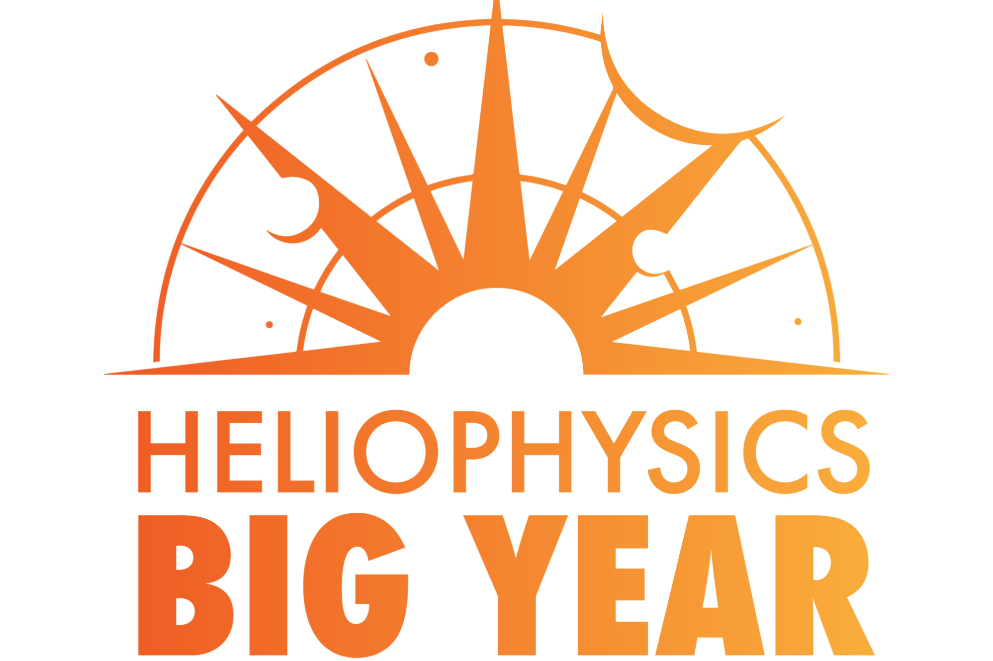 In hues of orange and yellow, a half circle sits atop the words Heliophysics Big Year. At the bottom of the half circle, is another half circle, representing the Sun. Coming off of the Sun, 9 spikes of varying sizes lead out and beyond the outer half circle. A few planets overlap with the spikes.