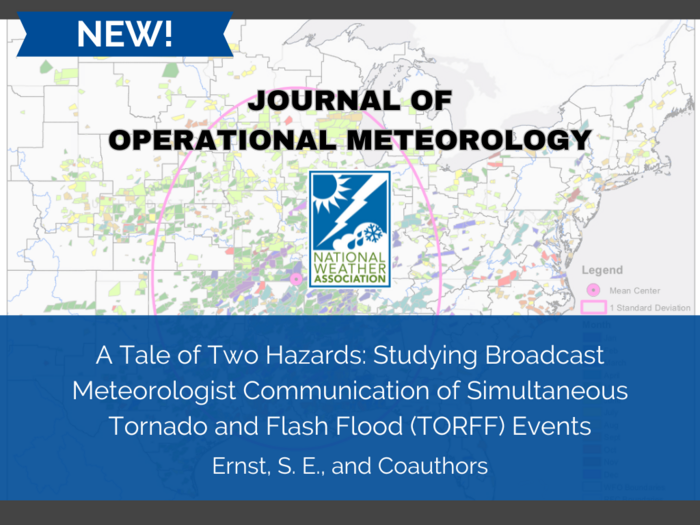 Ernst, S. E., and Coauthors, 2024: A tale of two hazards: Studying broadcast meteorologist communication of simultaneous tornado and flash flood (TORFF) events.