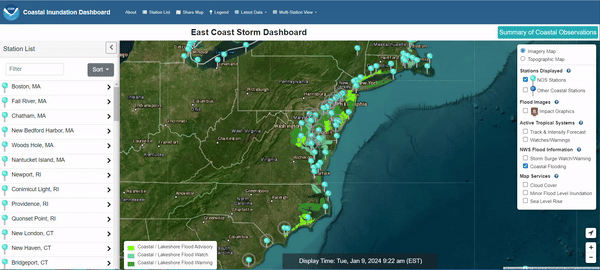 NOAA’s water level stations experienced high water during this week’s East Coast Storm, as shown on the custom storm dashboard. Credit: NOAA’s Coastal Inundation Dashboard.