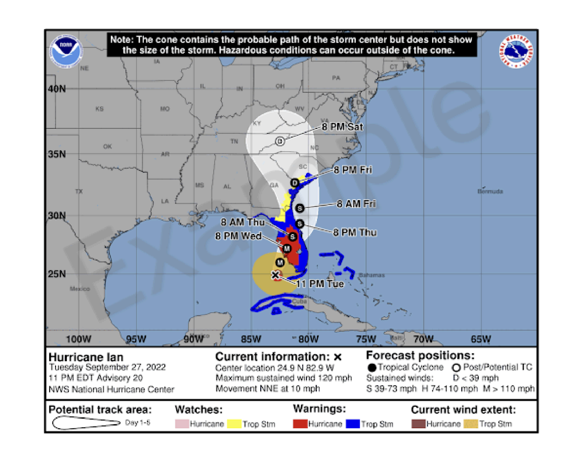 Alt: cone graphic that includes inland tropical storm and hurricane watches and warnings in effect for the continental United States